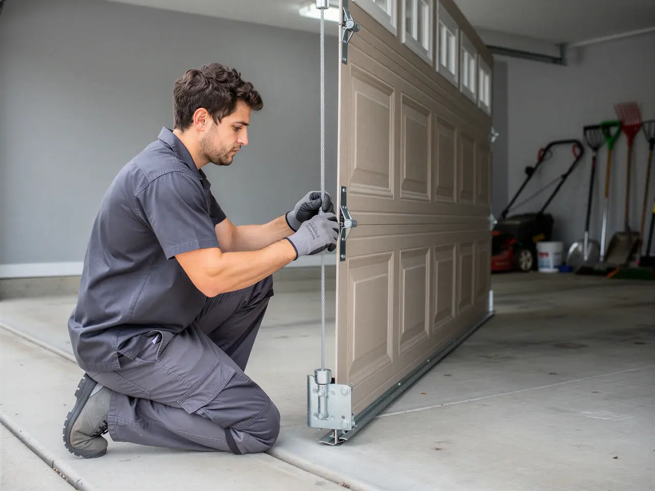 A technician is kneeling and working on a beige garage door cable and roller.