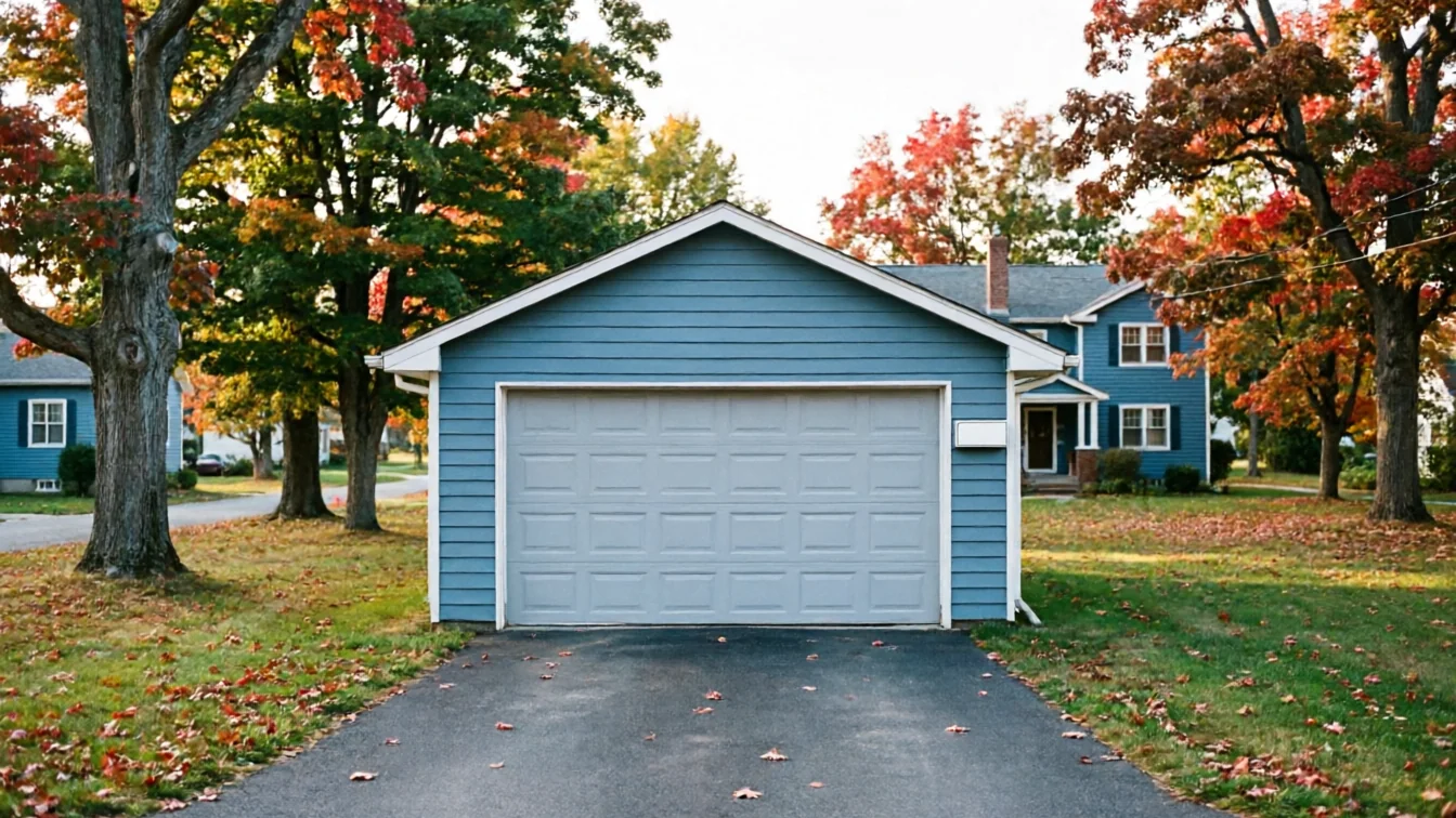A blue garage with a gray door and a driveway in autumn.