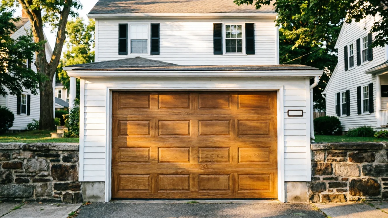 A brown paneled garage door on a white house with a stone wall.