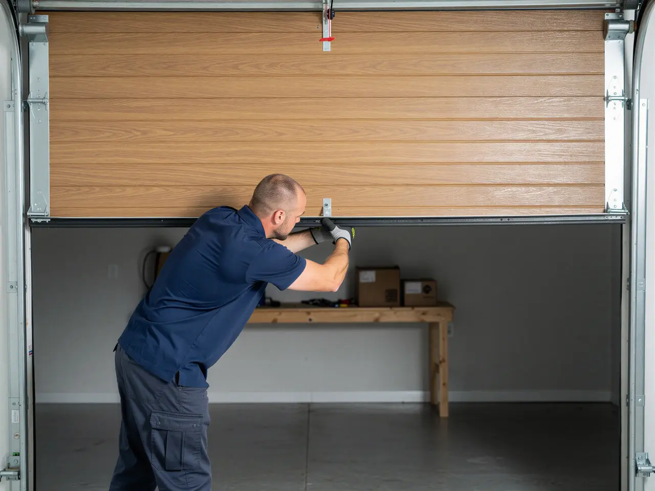 A technician is working on the bottom of a wood-look garage door.