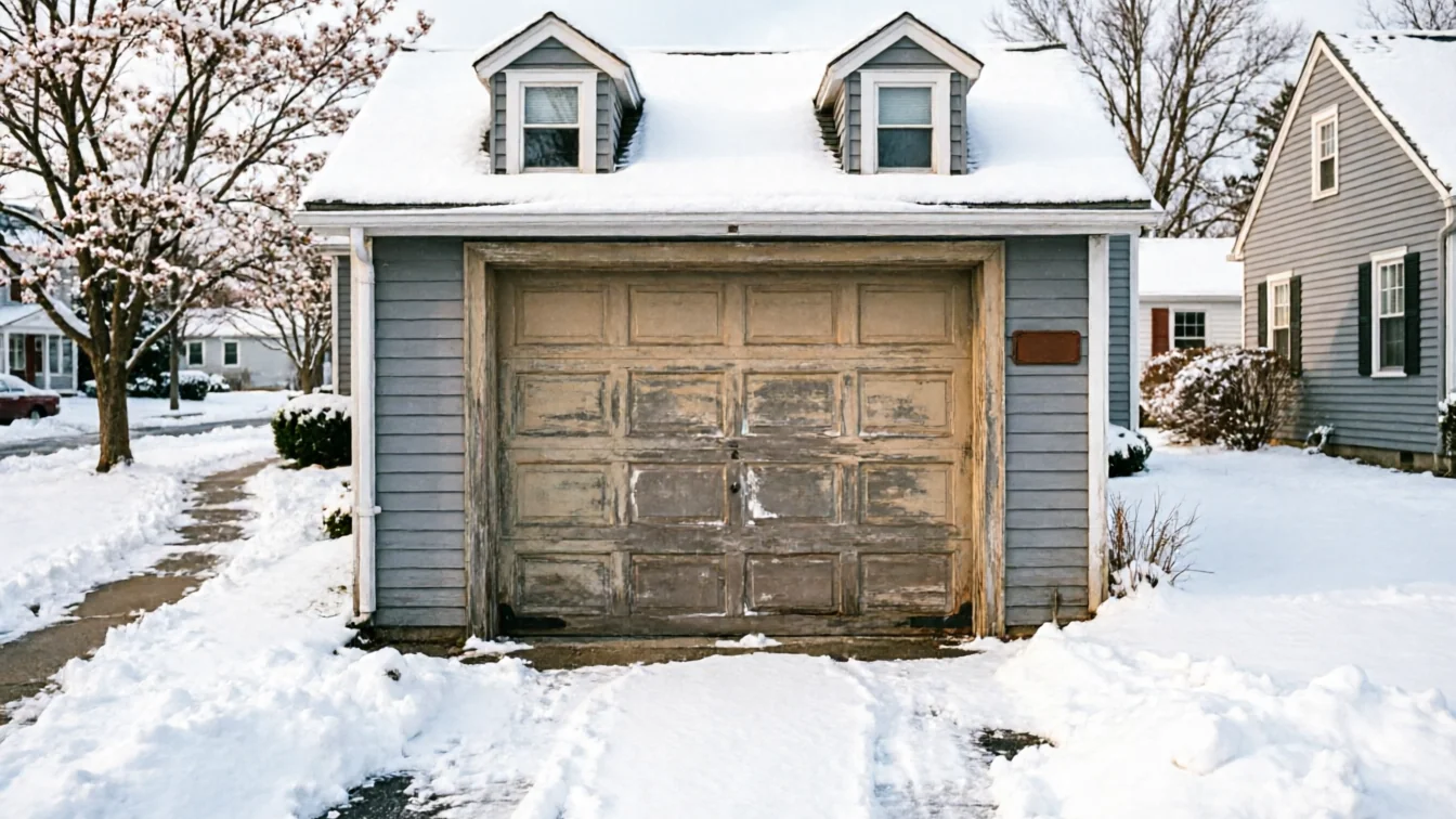 The weathered garage door is on a snow-covered house with two dormer windows.