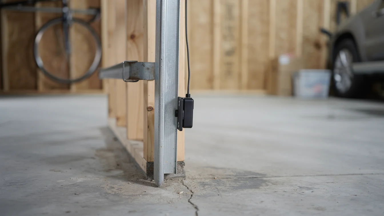 A black safety sensor is mounted on a metal garage door track.