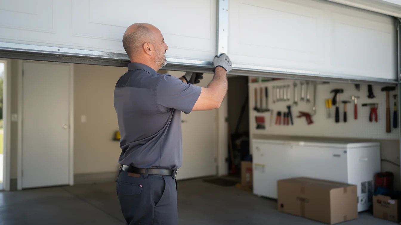 A technician in a gray shirt and gloves works on a white garage door.
