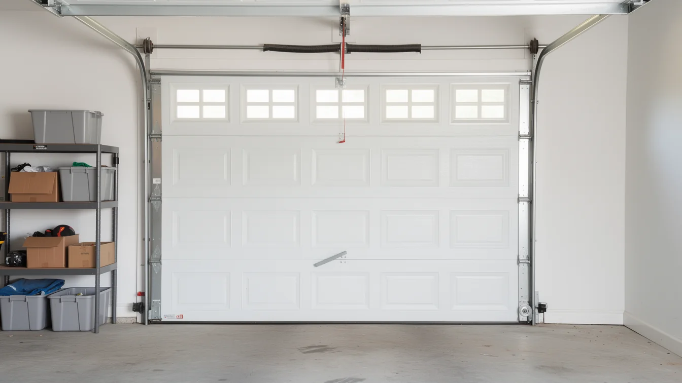 A white garage door with windows is closed, with shelving to the left.